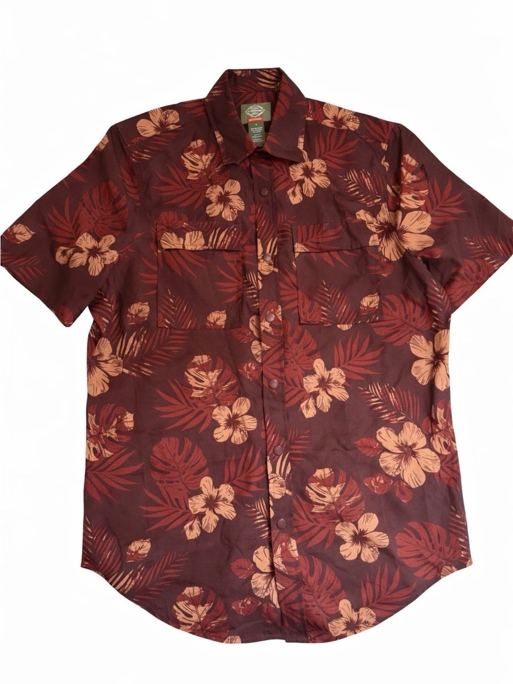 St John’s Bay Outdoor Hawaiian Shirt Men’s S Burgundy Floral Tropical Button Up